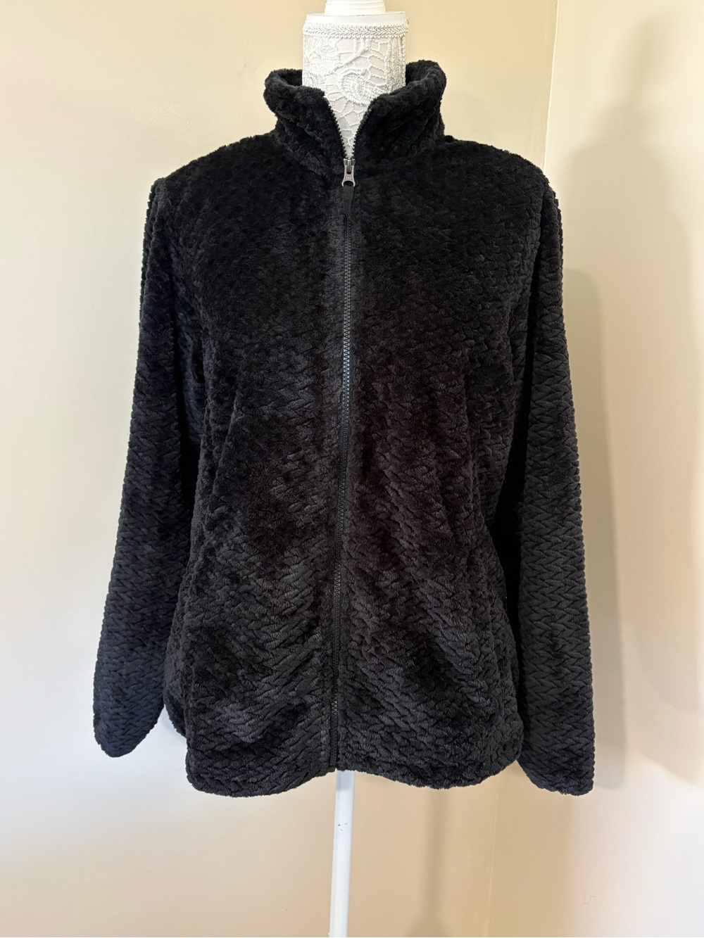 FREE2B Black Plush Sherpa Fleece Zip Jacket XL Soft Cozy Teddy Faux Fur
